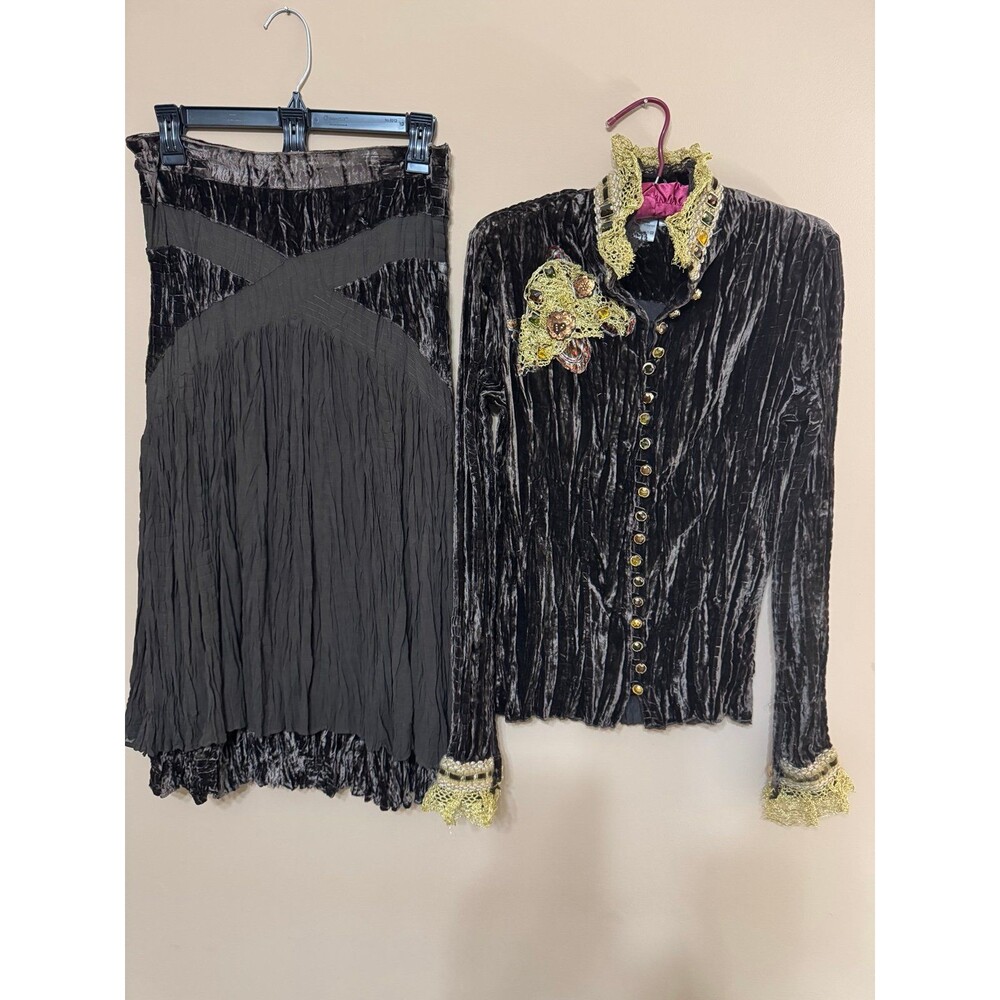 Vtg Alberto Makali Crushed Velvet Jacket/Skirt Set small Art to Wear Whimsy Goth